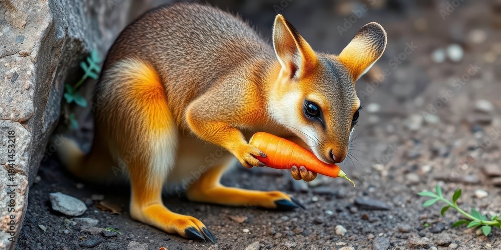 Adorable yellow-footed rock wallaby nibbling a vibrant orange carrot, orange, native Adorable yellow-footed rock wallaby nibbling a vibrant orange carrot, orange, native