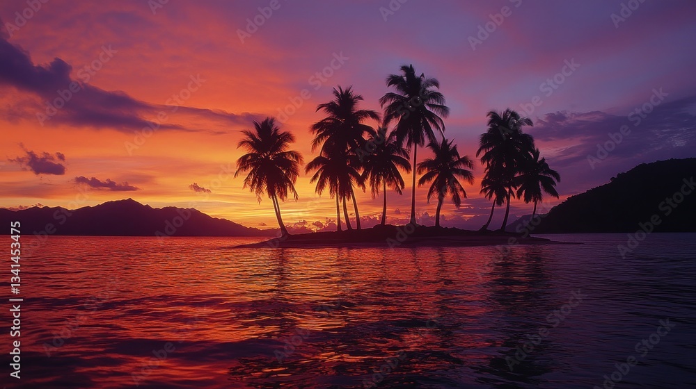 Tropical island paradise at sunset with vibrant colors and palm tree silhouettes Tropical island paradise at sunset with vibrant colors and palm tree silhouettes