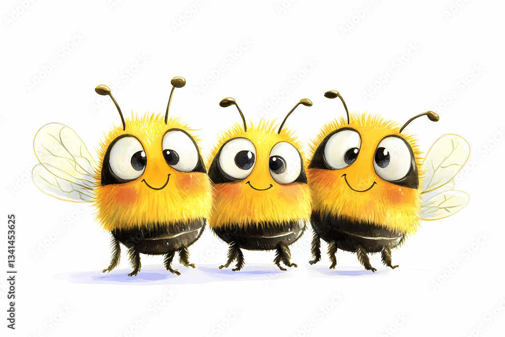 Fototapeta premium Buzzing with Charm: a trio of adorably illustrated bees stand together, exuding happiness with their big smiles and playful poses, perfect for bringing joy to any project.