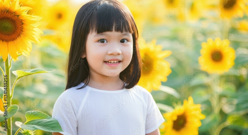 Asian female child smiling in sunflower field Asian female child smiling in sunflower field