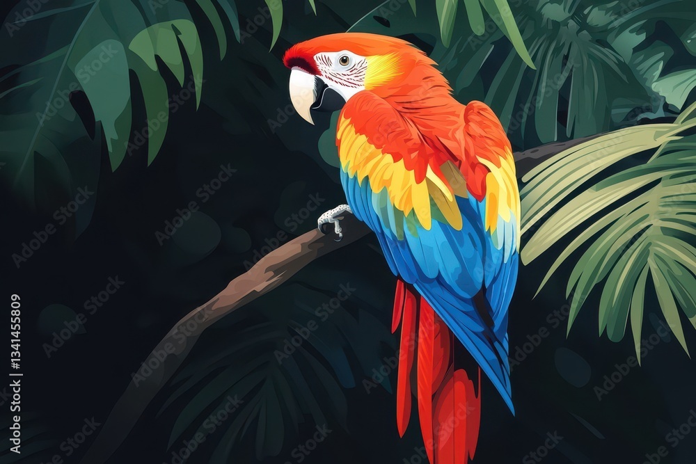 Fototapeta premium Vibrant Macaw Perched on Branch Amidst Lush Greenery in Tropical Rainforest Setting, Showcasing Stunning Feathers and Colorful Plumage