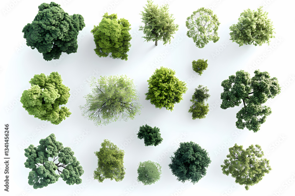 Aerial Tree Variety: A collection of various meticulously crafted miniature trees. The shot is clean and straightforward, highlighting the diverse shapes and shades of green foliage. Aerial Tree Variety: A collection of various meticulously crafted miniature trees. The shot is clean and straightforward, highlighting the diverse shapes and shades of green foliage.