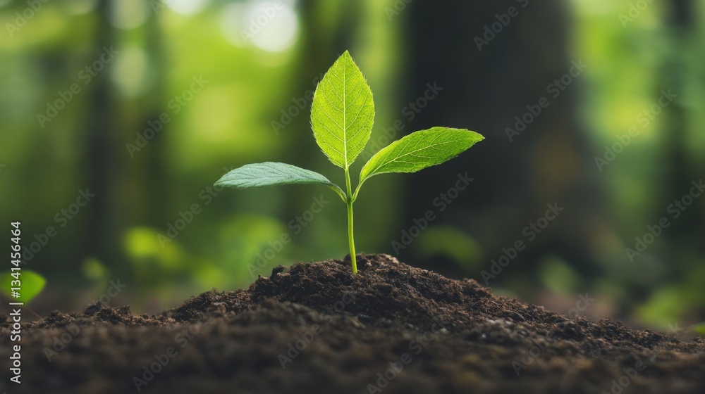 A small green sprout emerges from dark soil in a forest. A small green sprout emerges from dark soil in a forest.