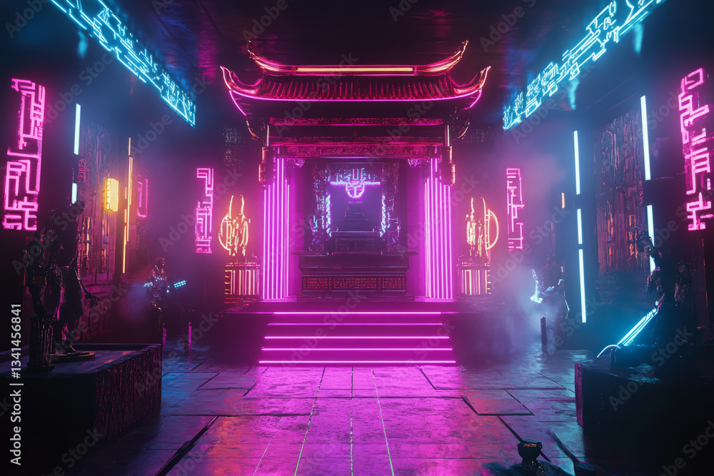 Obraz premium A neon-infused cyber temple 3D background room with glowing neon hieroglyphs, hovering digital monks, and an ancient altar fused with futuristic technology. The fusion of mysticism and sci-fi creates