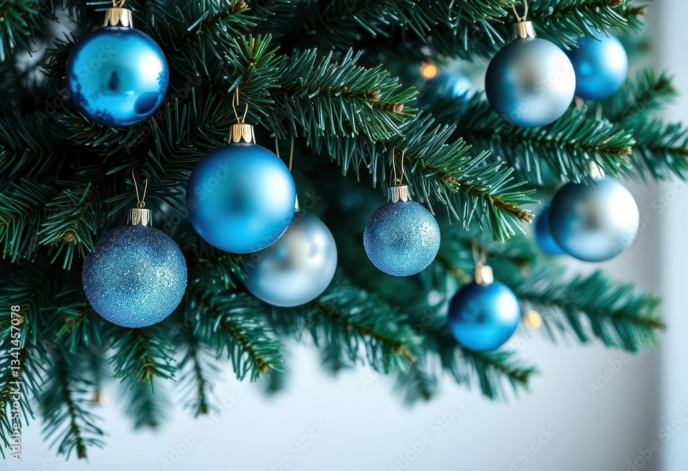 A lush Christmas tree branch adorned with shimmering blue and silver ornaments, christmas, ornament A lush Christmas tree branch adorned with shimmering blue and silver ornaments, christmas, ornament