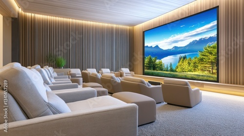 Luxurious home theater room with large screen displaying scenic landscape