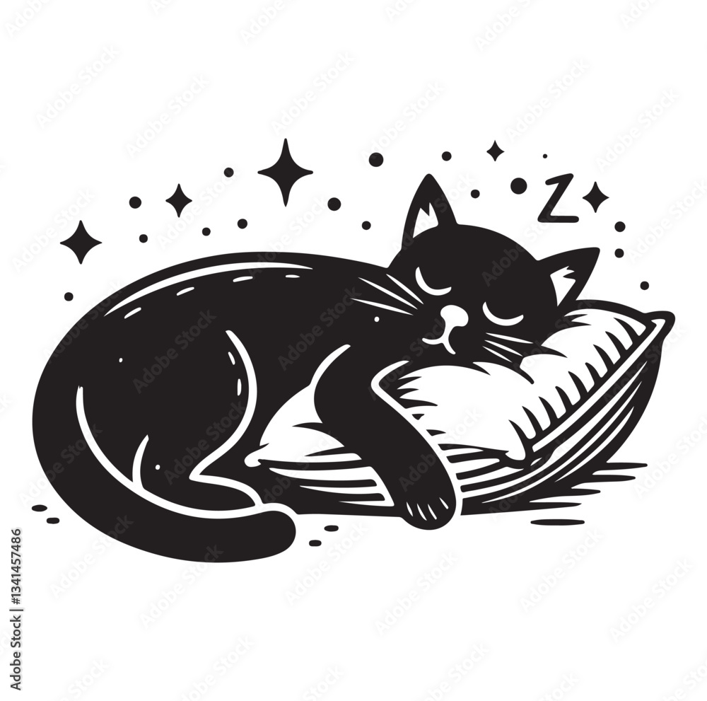 Obraz premium A Cat Sleeping with pillow silhouette vector style on white background.