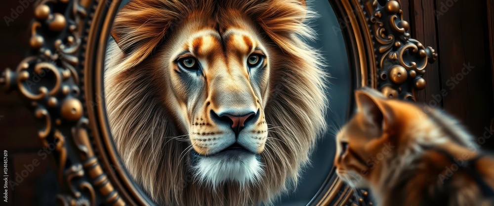 A majestic lion's reflection gazes intently from an antique mirror, watched by a curious cat, antique, close-up A majestic lion's reflection gazes intently from an antique mirror, watched by a curious cat, antique, close-up