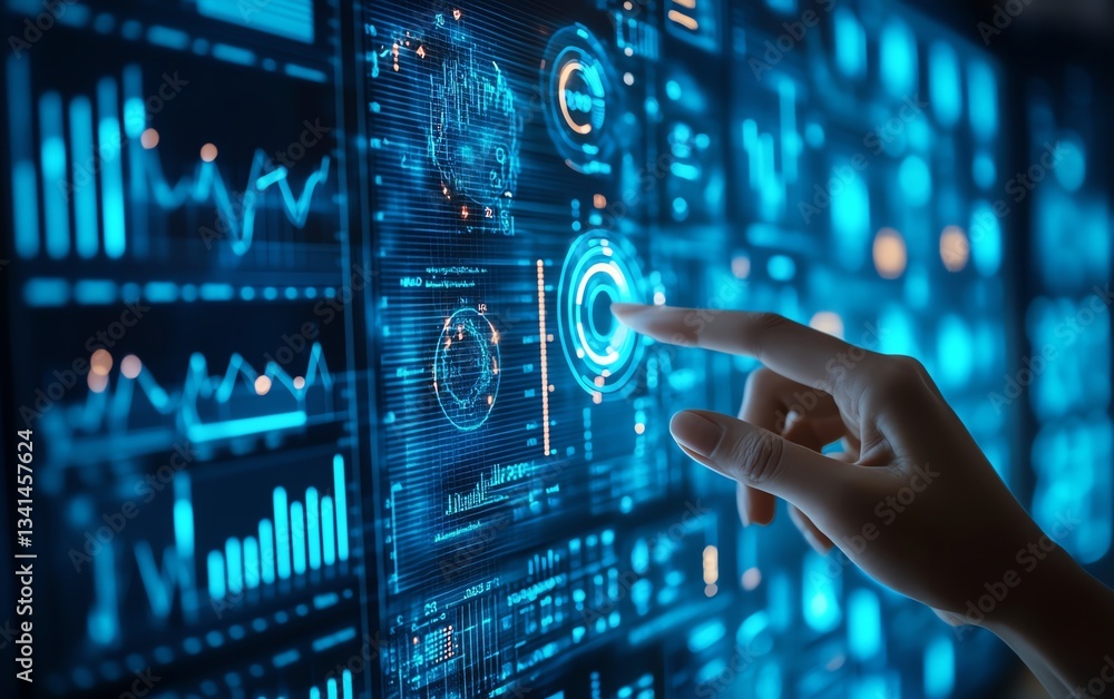 A business expert presenting data insights, analyzing charts and graphs on a digital screen against a blue backdrop, symbolizing clarity and professionalism A business expert presenting data insights, analyzing charts and graphs on a digital screen against a blue backdrop, symbolizing clarity and professionalism