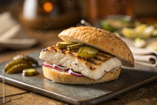 Wallpaper Mural Grilled fish sandwich with pickles and onions on a rustic wooden table Torontodigital.ca