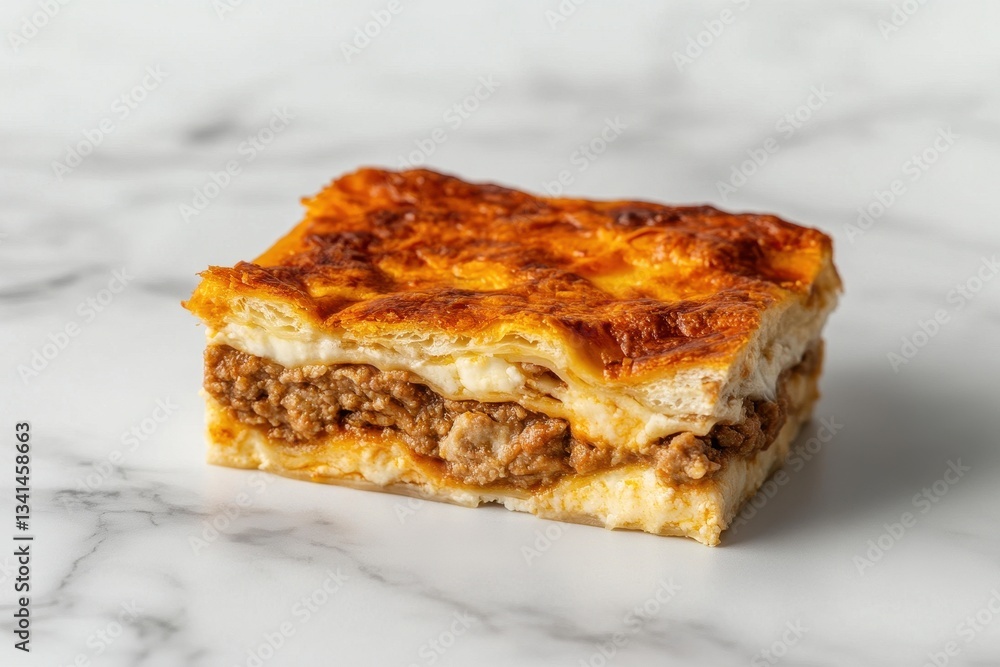 Delicious Meat Lasagna with Golden Cheese Layer on Marble Surface Delicious Meat Lasagna with Golden Cheese Layer on Marble Surface