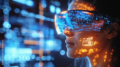 Woman immersed in augmented reality experience with advanced digital interface