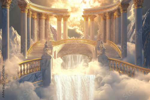 A majestic sky palace 3D background room floating above the clouds, adorned with marble pillars, golden railings, and cascading waterfalls that disappear into the mist below. The celestial light
