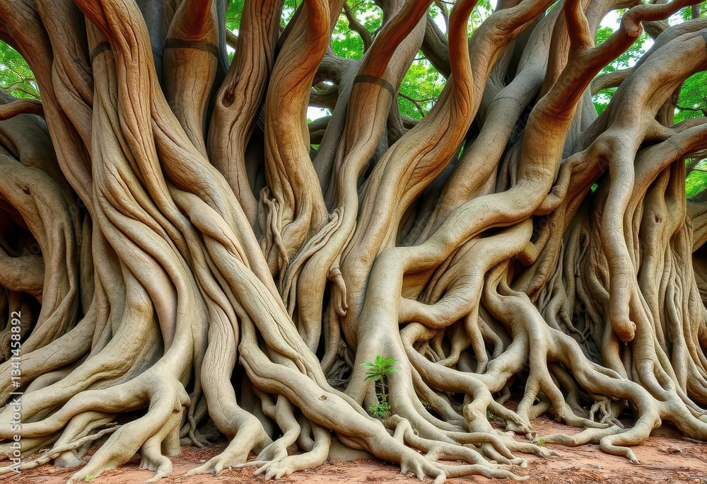 Ancient gnarled trees, massive roots, interwoven branches, magical, sprawling roots Ancient gnarled trees, massive roots, interwoven branches, magical, sprawling roots