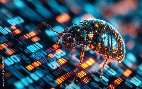 A closeup of a bug on glowing binary code, symbolizing the role of debugging in software development, detailed micro view, digital glitch effects