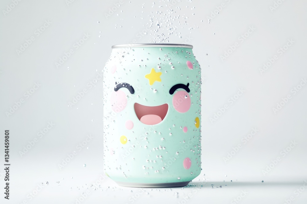 Obraz premium A cute, pastel-colored soda can with a happy face, adorned with sprinkles and stars, fizzes with delight.