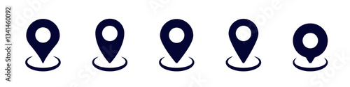 A set of five identical location icons arranged in a single line, commonly used in maps and apps.