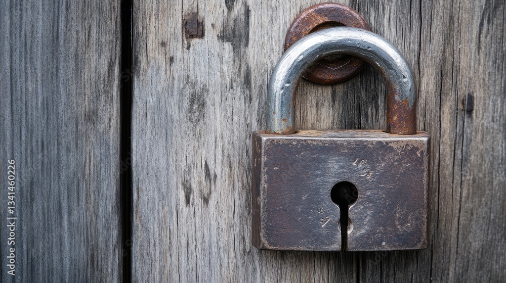 A traditional iron padlock on a secure door latch with a wooden background A traditional iron padlock on a secure door latch with a wooden background