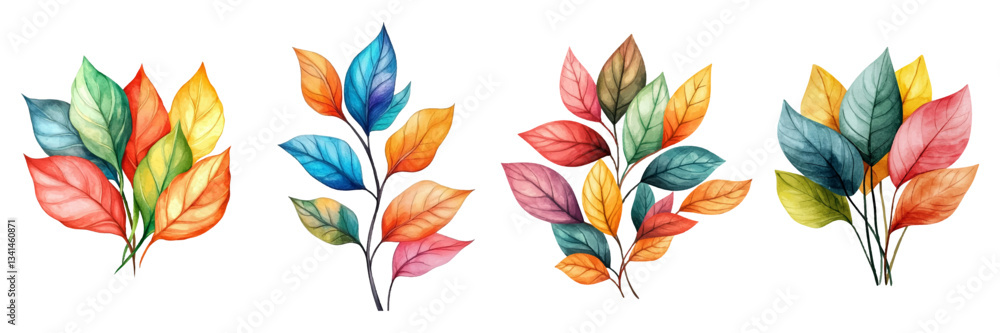Fototapeta premium Watercolor set of bouquets of autumn leaves. Leaves of ash and plants in red-orange, green and yellow colors. Concept of autumn and October. Watercolor natural autumn elements.