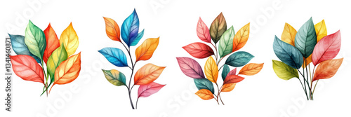 Watercolor set of bouquets of autumn leaves. Leaves of ash and plants in red-orange, green and yellow colors. Concept of autumn and October. Watercolor natural autumn elements.
