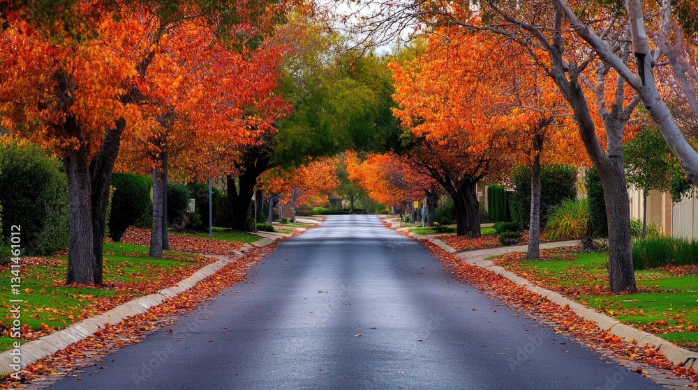 Naklejka premium A tree-lined street with a single tree in the middle, decorated with autumn leaves