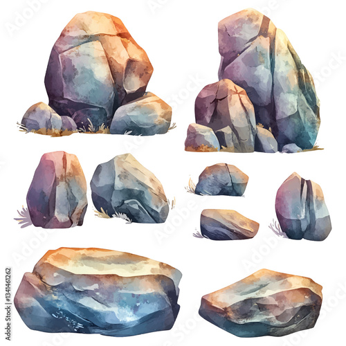 Watercolor set of stones png. Stones of different sizes and shapes in watercolor cartoon style, placed in the grass. Natural elements. Vector illustration.