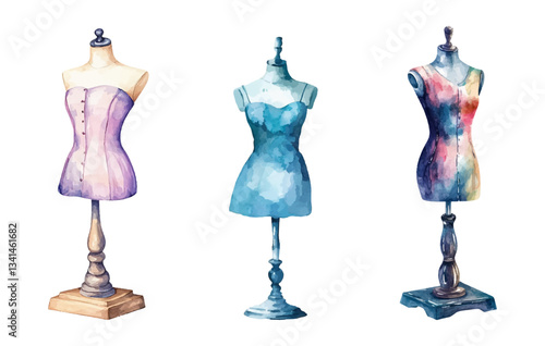Watercolor set of mannequins for clothing design png. Concept of sewing and clothing design. Mannequins with a dress for a female body, on a stand. Vector illustration.