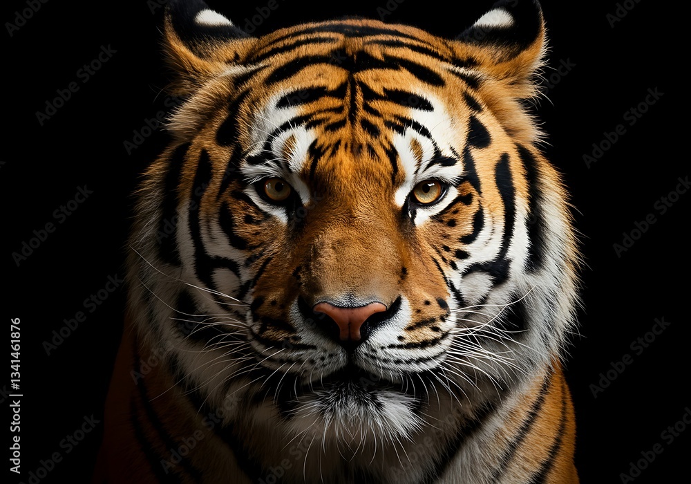 Fototapeta premium Close-up of a majestic tiger against a black background. Generative Ai
