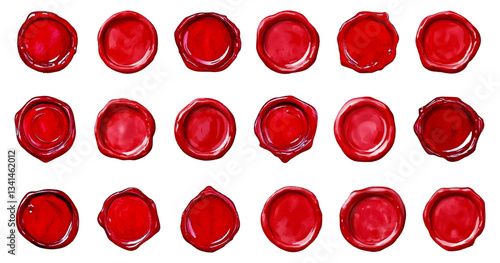 Watercolor set of red wax seals. Red stamp for sealing envelopes. Wax seal. Vintage elements for letters and envelopes. Vector illustration.
