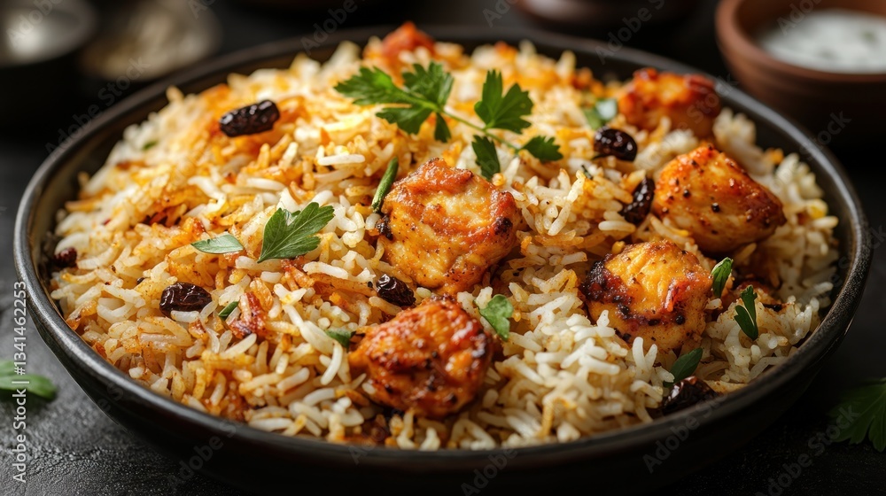 Aromatic Paneer Biryani in Dark Bowl Aromatic Paneer Biryani in Dark Bowl