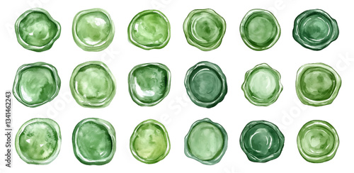 Watercolor set of green wax seals. Green stamp for sealing envelopes.Envelope green wax seal, stamp cachet and retro security postal certificate vector wax seal.