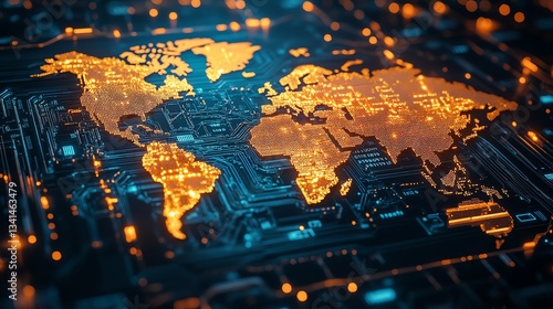 A futuristic semiconductor wafer displaying an illuminated world map, showcasing the technological interconnectivity of nations, AIinspired design, highly detailed, scifi glow