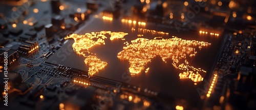 A glowing microprocessor with golden circuits forming a world map, representing the global semiconductor ecosystem, hyperrealistic, scifi ambiance, macro shot