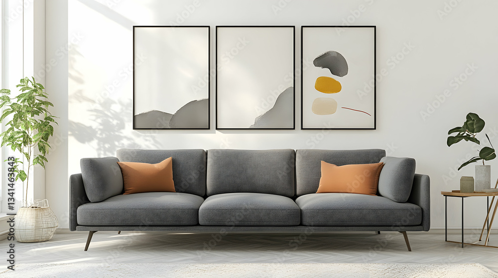 Fototapeta premium Three framed abstract geometric prints with muted colors above a gray sofa with orange pillows. 