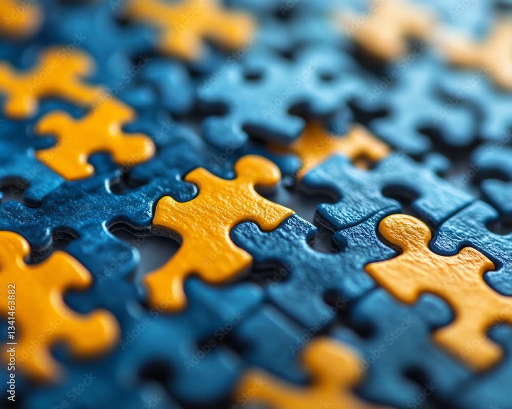 A vibrant closeup of a blue puzzle featuring yellow human figure shapes, symbolizing the power of teamwork, connection, and collaboration in a cohesive design A vibrant closeup of a blue puzzle featuring yellow human figure shapes, symbolizing the power of teamwork, connection, and collaboration in a cohesive design