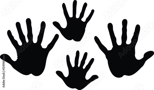 Four handprints, in vibrant colors (orange, red, green, and black), are displayed against a clean white background.