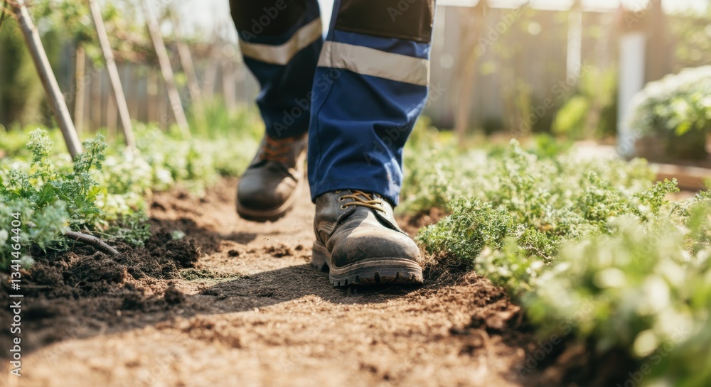 Close-up of work boots on garden path among lush greenery Close-up of work boots on garden path among lush greenery
