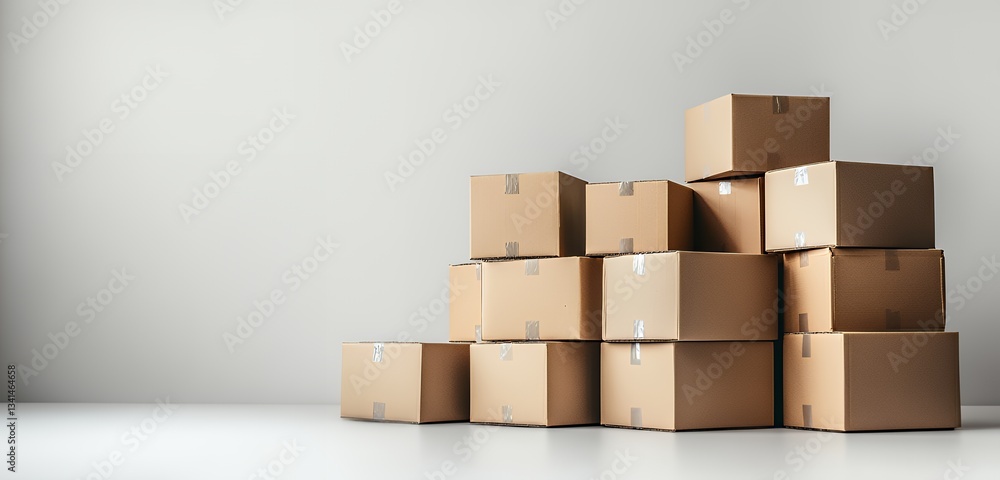 Stacked Cardboard Boxes on Table Against Neutral Background Stacked Cardboard Boxes on Table Against Neutral Background