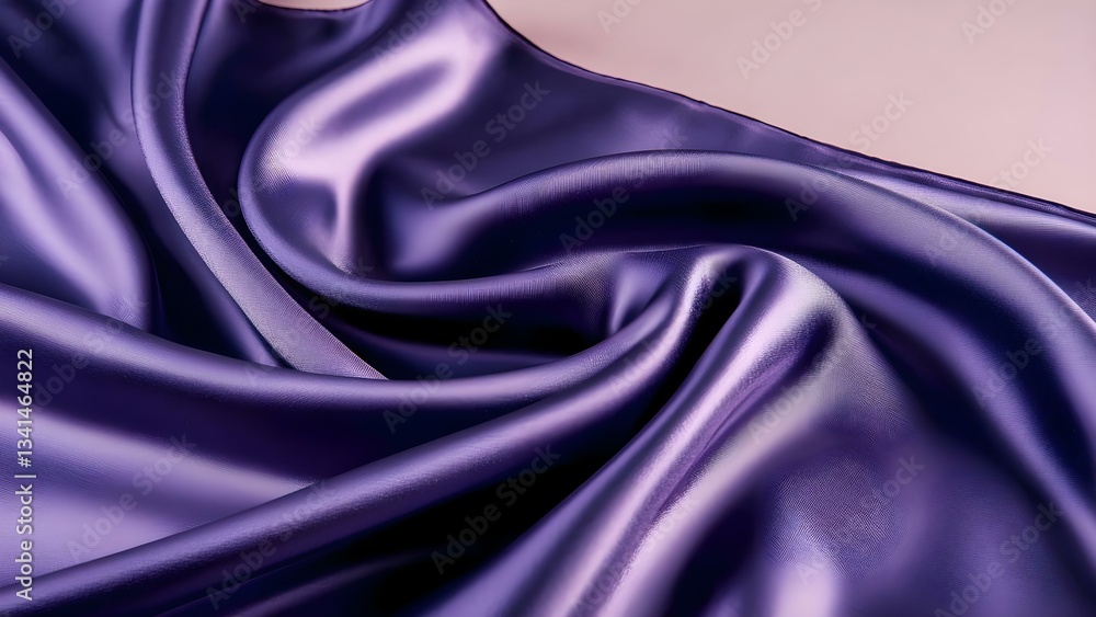 Obraz premium A close-up of smooth, purple satin fabric displaying elegant folds and a soft, shiny texture. Concept Satin Fabric Details, Close-Up Photography, Textural Elegance, Purple Hues, Fabric Folds