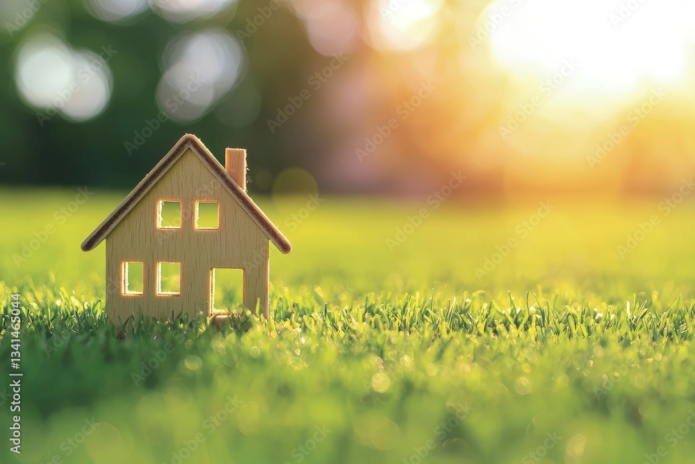 Wooden house model on lush green grass under golden sunlight, symbolizing homeownership, investment, and eco-living. Ideal for real estate, finance, and sustainability themes Wooden house model on lush green grass under golden sunlight, symbolizing homeownership, investment, and eco-living. Ideal for real estate, finance, and sustainability themes
