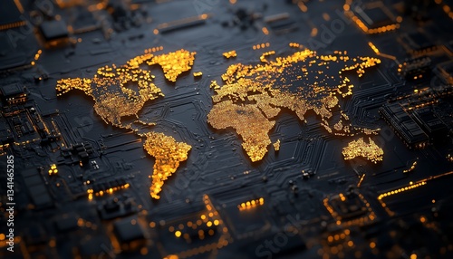 A sleek microchip with golden circuitry shaping a world map, reflecting the global semiconductor supply chain, ultrasharp details, realistic textures, cinematic shot