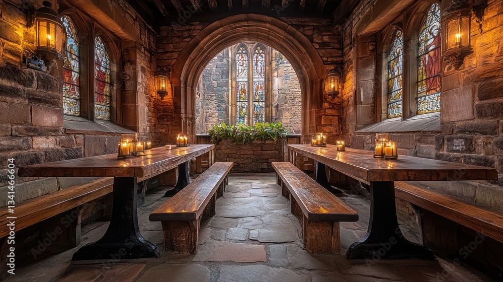 Fototapeta premium Medieval-style dining hall with stained glass