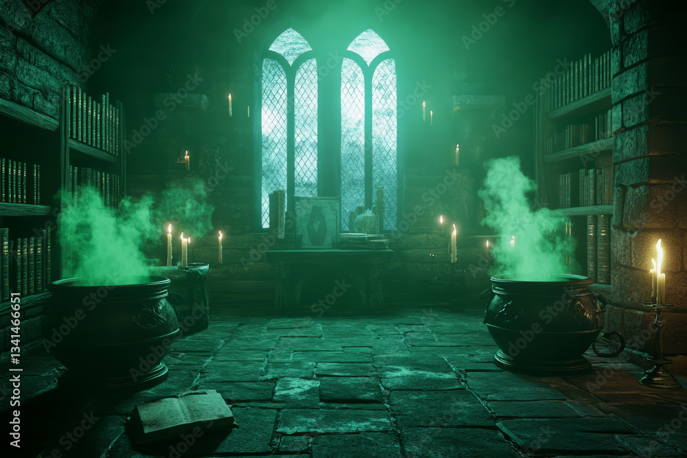 A dark medieval wizard’s tower 3D background room filled with arcane tomes stacked on wooden shelves, bubbling cauldrons emitting green mist, magical sigils glowing on stone floors, floating candles