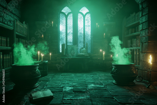 Obraz na płótnie A dark medieval wizard’s tower 3D background room filled with arcane tomes stacked on wooden shelves, bubbling cauldrons emitting green mist, magical sigils glowing on stone floors, floating candles w salonie