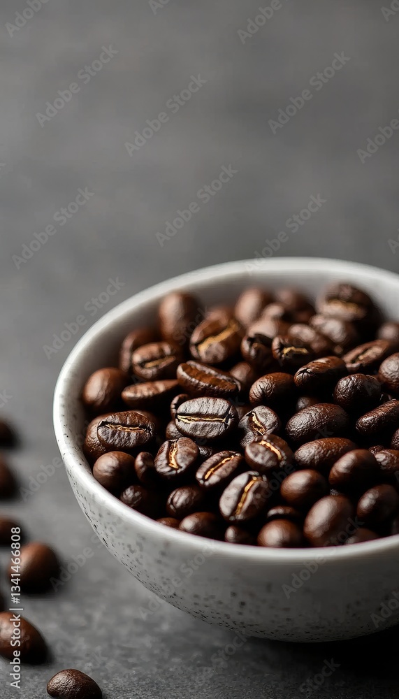 Fototapeta premium Close-up, Aromatic Coffee Beans in White Bowl, Ingredient for Drink Recipe or Cafe Ad