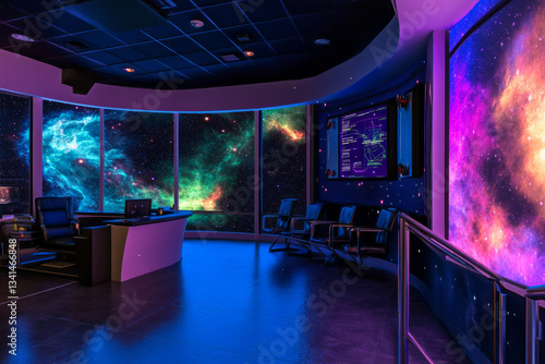 Obraz na płótnie A vibrant space station observatory 3D background room with massive curved windows overlooking a colorful nebula. Floating holographic star charts, sleek metal furniture, and soft blue lighting create w salonie