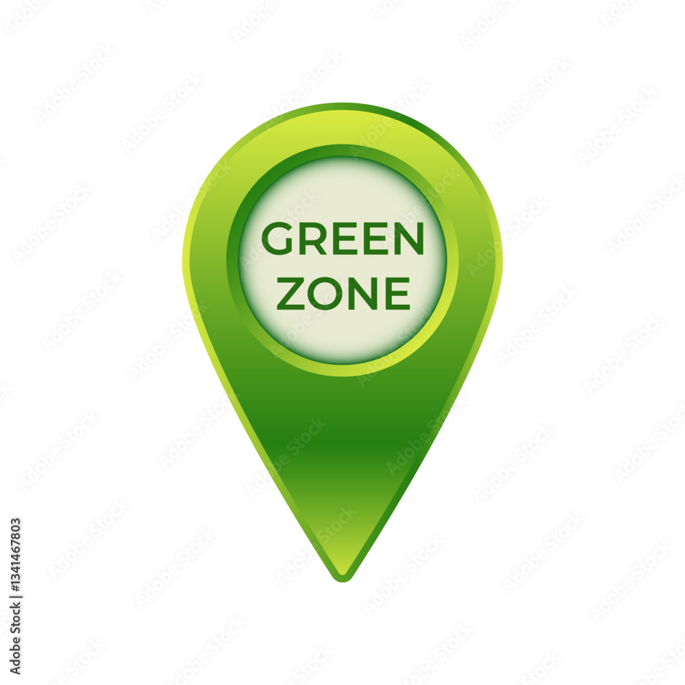 Icon featuring bold text green zone within a green gradient location pin, symbolizing eco-friendly area.