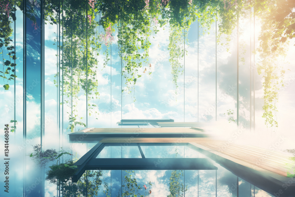 A floating sky garden 3D background room with hanging vines, massive transparent windows revealing clouds below, and wooden platforms connected by glowing bridges. The soft, ethereal lighting enhances