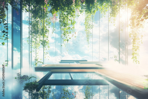 Obraz na płótnie A floating sky garden 3D background room with hanging vines, massive transparent windows revealing clouds below, and wooden platforms connected by glowing bridges. The soft, ethereal lighting enhances w salonie