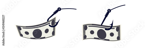 Two cartoon money bills are hooked, symbolizing traps or risky and uncertain financial situations.